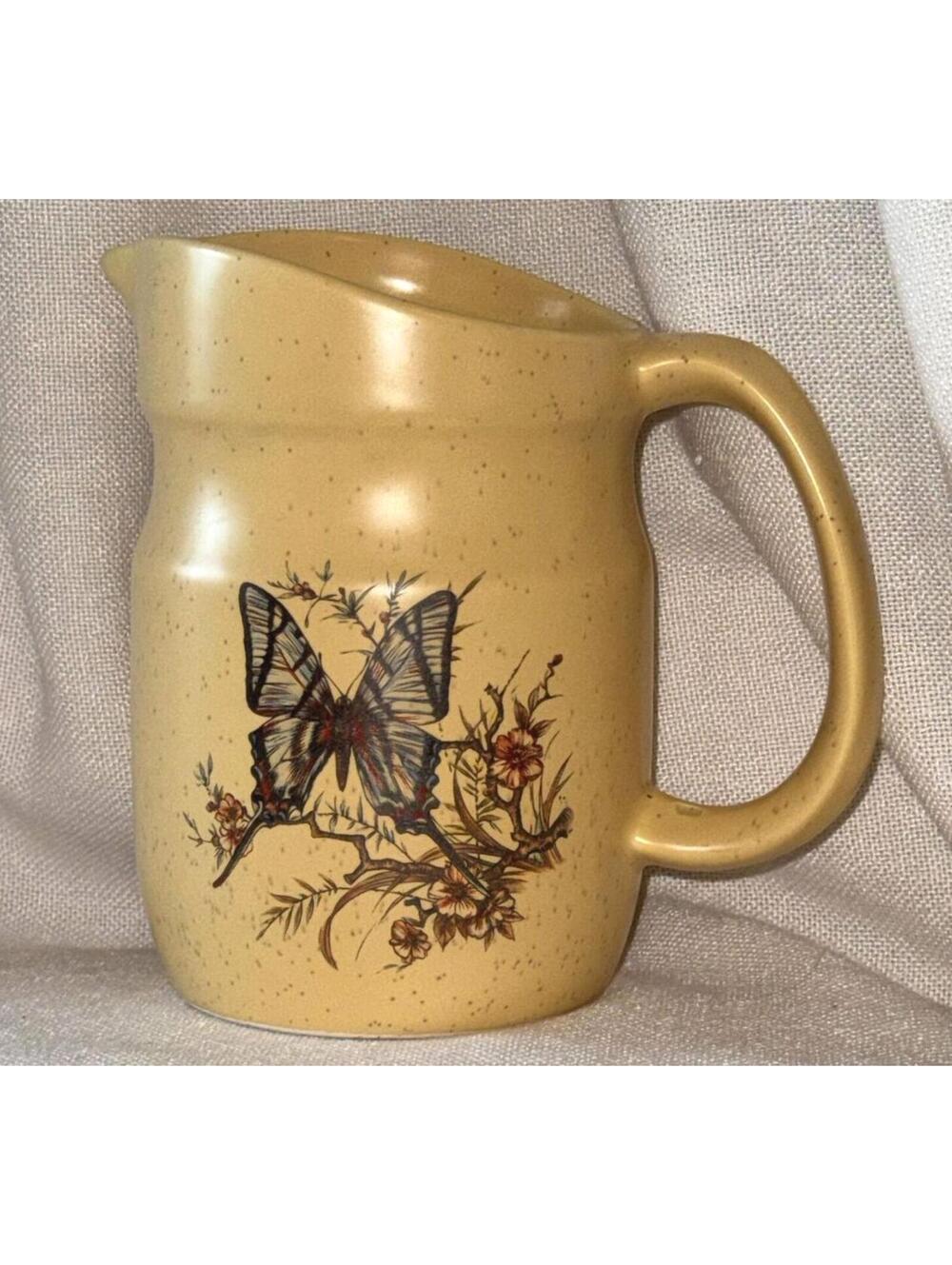 Vintage Butterfly Pitcher Stoneware Floral Treasure Craft MCM Farmhouse Pottery
